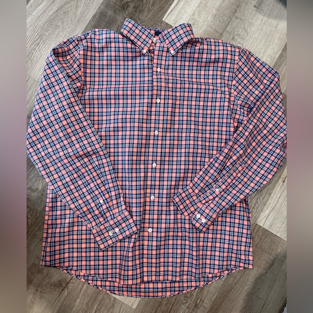 Lands' End Pink and Navy Plaid Button-Down Shirt